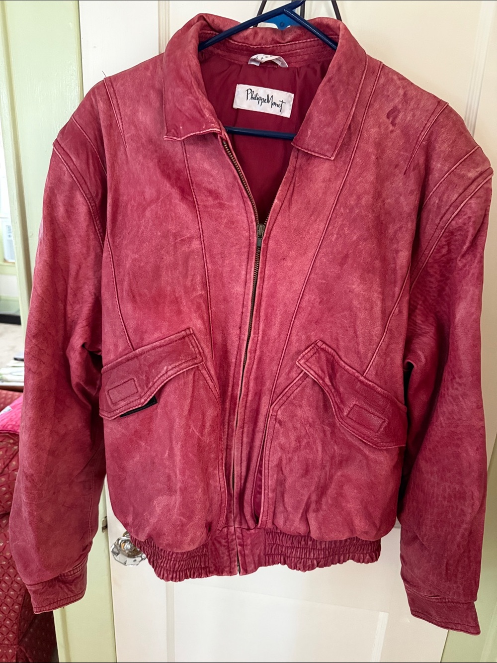 Philippe Monet Red Leather Bomber Jacket